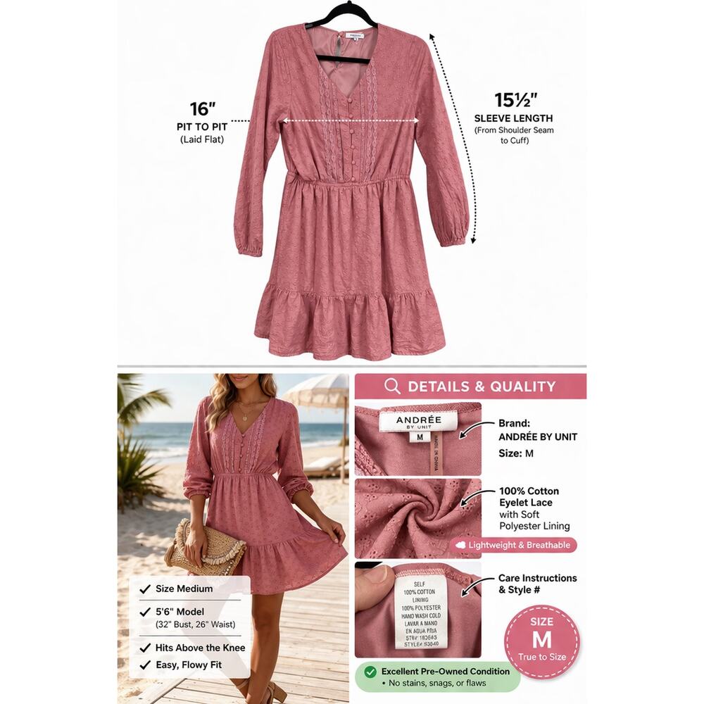 Andree by Unit Pink‎ Eyelet Lace Mini Dress M Long Sleeve Boho Prairie Romantic